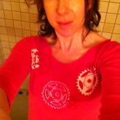 Glam pink shirt in the bathroom selfie. More dyke mom street cred.