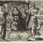 Louis XIV enfant assis sur un trône à côté de sa mère est entouré de trois figures allégoriques la Justice, la Vérité et la Paix